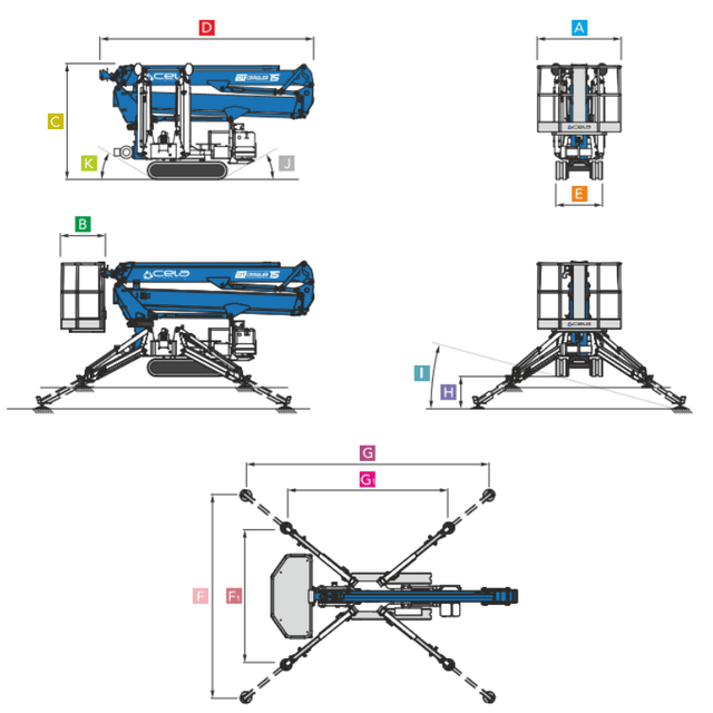 Technische tekening Cela DT Crawler 15 spinhoogwerker kopen